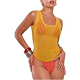 RoseSeek Women's Sheer Square Neck Tank Top Sleeveless Fitted Vacation Summer Tops Basic Shirt