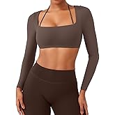 YEOREO Long Sleeve Crop Tops for Women Square Neck Workout Yoga Cropped T Shirt Top Padded Halter Neck with Detachable