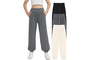 EXARUS 3 Pack Girls Wide Leg Pants Straight/Tapered Flowy Pants Elastic Waist Lounge Sweatpants with Pockets 6-14Y