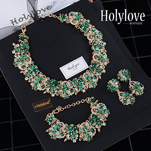 Holylove Green Retro Style Statement Necklace Bracelet Earrings for Women Novelty Jewelry Set 1 with Gift Box-8041BGreen Set - Thumbnail 3