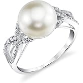 The Pearl Source 10-11mm Genuine White Freshwater Cultured Pearl & Cubic Zirconia Opera Ring for Women