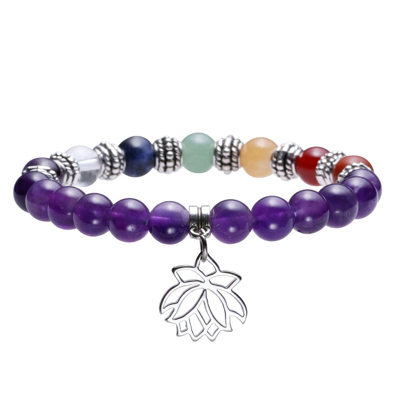 Jovivi Lot de 3PCS 7 Chakra Pierres Naturelles Amethyste Perles d\'Energie Bracelet Extensible Elastique Tibetain Bouddhiste avec Pendentif Arbre de la Vie/Lotus/Symbole OM