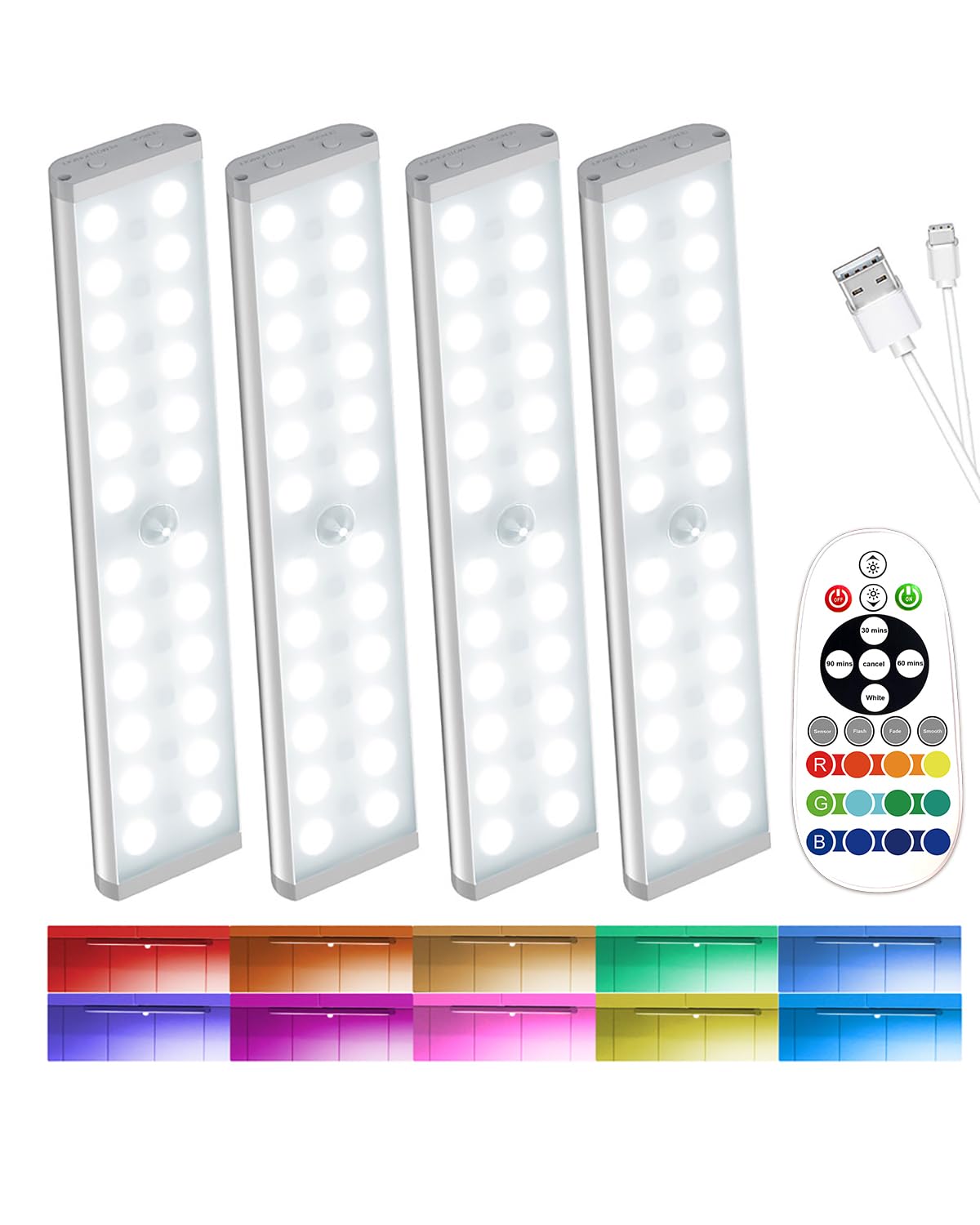 Kasanfe 58-LED Under Cabinet Kitchen Lights Wireless, RGB Motion Sensor Lights Indoor Rechargeable, LED Wardrobe Lights Remote Under Counter Lighting for Kitchen Shelf Pantry Desk (4 Packs)