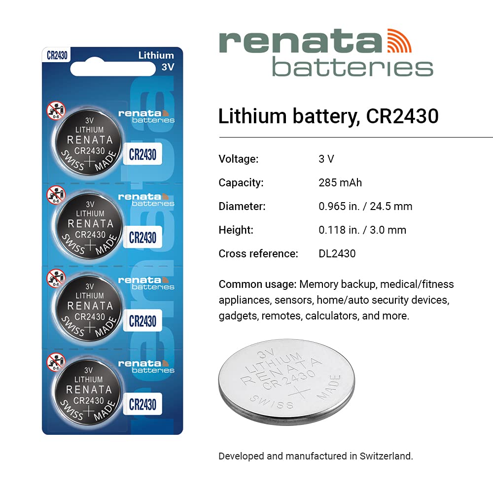 Renata CR2430 Batteries - 3V Lithium Coin Cell 2430 Battery (4 Count)
