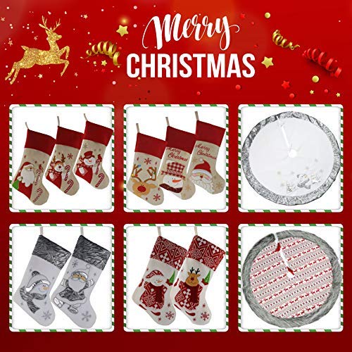 WEWILL 18’’ Diamond Christmas Stockings Set of 3 Classic Red White Plush Cuff Embroidered Snowman Reindeer Santa Claus Xmas Stockings Gift Bag Home Holiday Tree Decoration