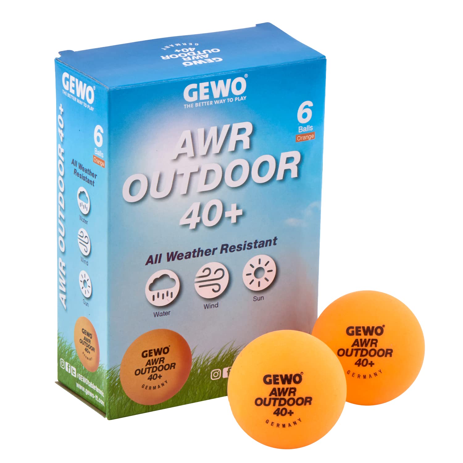 GEWO AWR Outdoor Table Tennis Balls - Water-Repellent Plastic Balls for Outdoor Use, Weather-Resistant Training Balls, 40 mm Diameter, Pack of 6, Orange