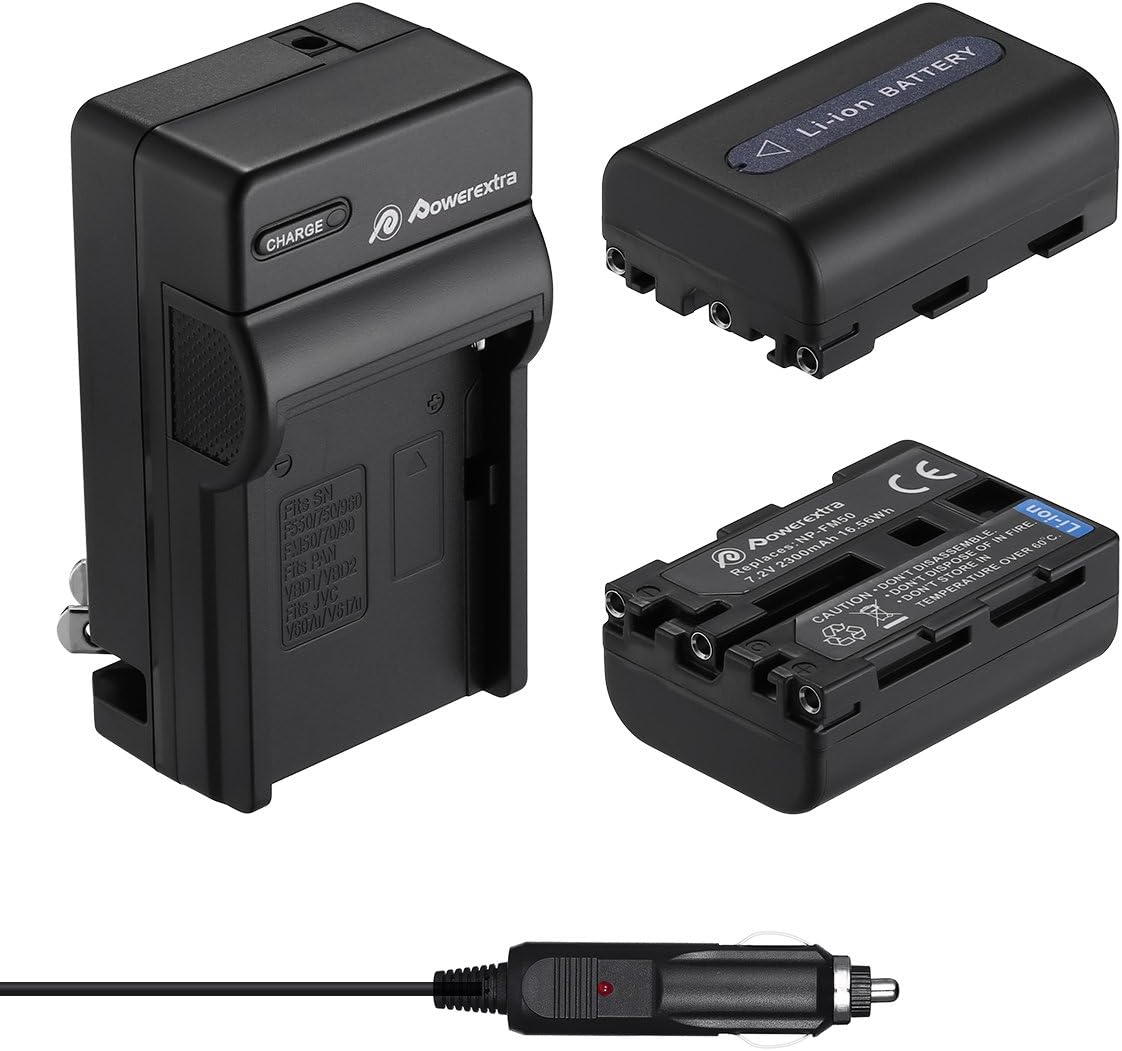 Powerextra 2 Pack Replacement Sony NP-FM50 Battery and Travel Charger Compatible with Sony NP-FM30 NP-FM51 NP-QM50 NP-QM51 NP-FM55H Battery and Sony M Type NP-FM50 Equivalent Camcorder/Camera : Camera & Photo