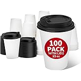 RACETOP 100 Pack 12 oz Disposable Paper Coffee Cups with Lids, Paper Cups with Lids 12 oz, Hot Cups for Home/Office