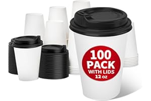 RACETOP 100 Pack 12 oz Disposable Paper Coffee Cups with Lids, Paper Cups with Lids 12 oz, Hot Cups for Home/Office