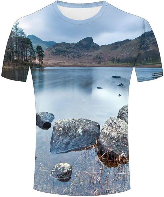 Amazon Tシャツの男性と女性の半袖3dプリント川の水のパターンのファッションシンプルなカジュアルな夏の半袖ユニセックス B Xl Tシャツ カットソー 通販