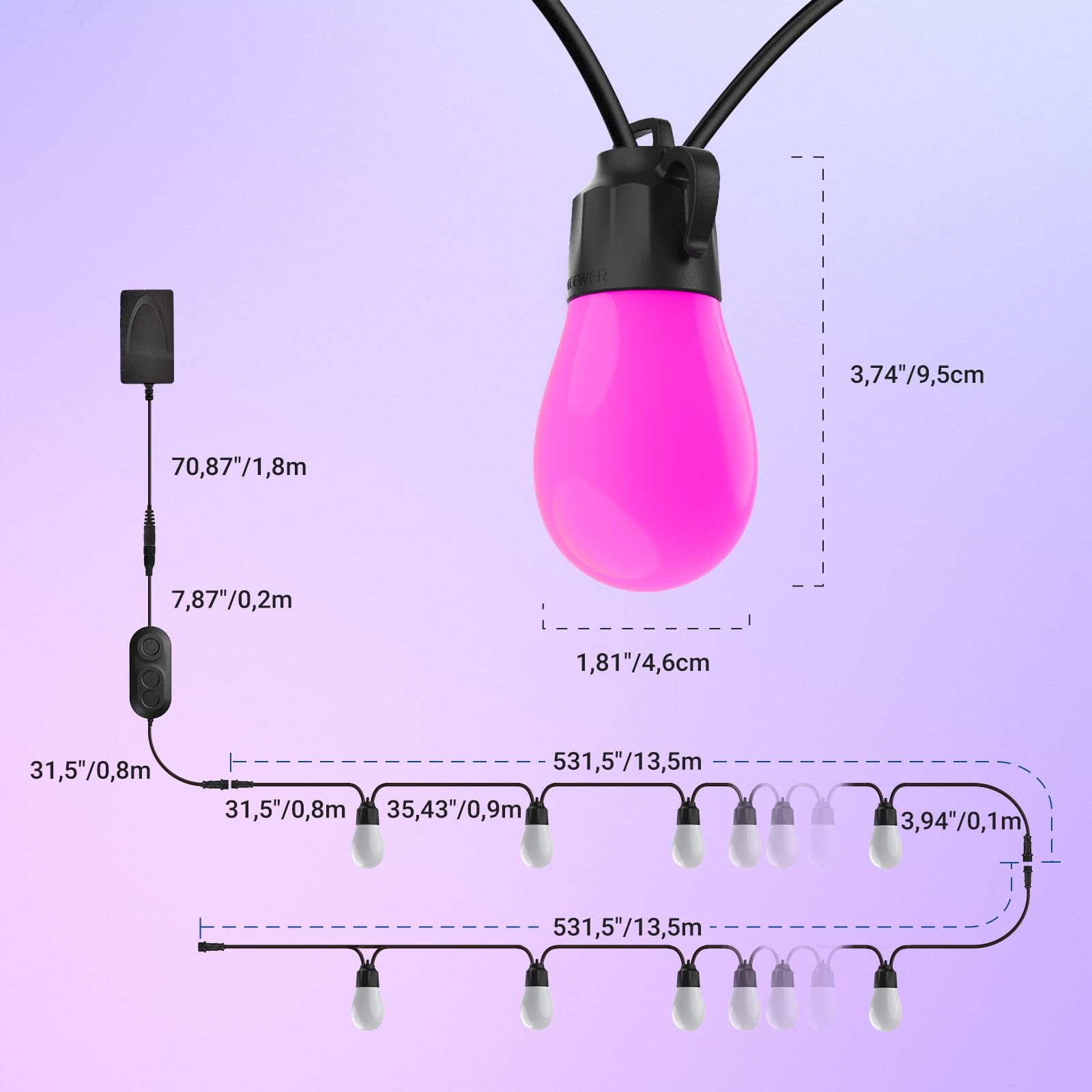 NEEWER 96ft Außen Lichterkette, App Steuerung Smart AI RGBW, dimmbar zum Aufhängen im Außenbereich Balkon, IP65 Wasserdicht, 30 LED Lampen/50+ Szenen/2700–6500K, kompatibel mit Alexa Google, NR01 8