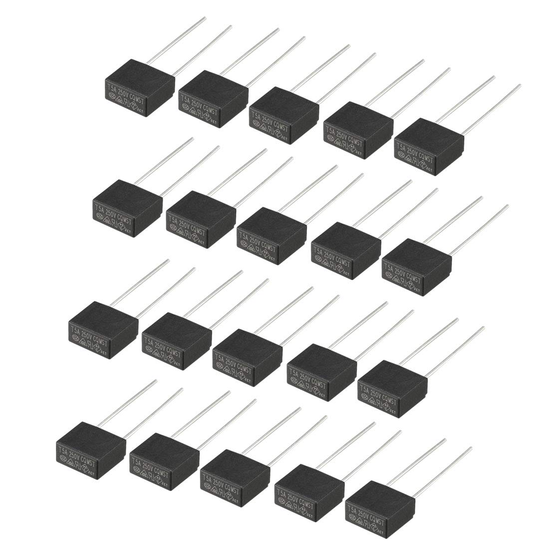 sourcing map 20Pcs DIP Mounted Miniature Square Slow Blow Micro Fuse T5A 5A 250V Black