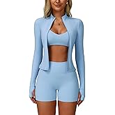 ABOCIW 3 Piece Workout Sets for Women Zipper Long Sleeve Jacket Racerback Sports Bra High Waist Shorts Yoga Gym Sets
