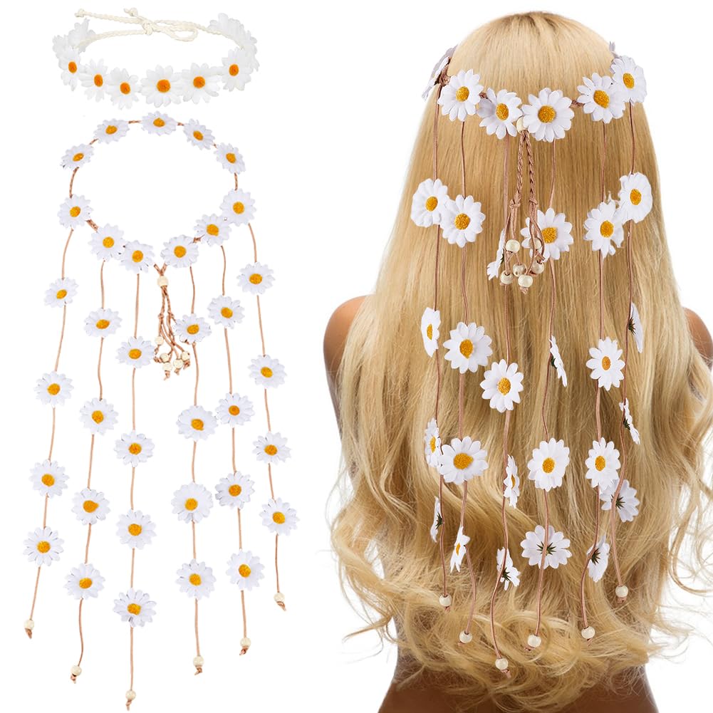 CRASPIRE 2 Styles Daisy Flower Crown Headbands Floral Boho Crown with Tassel Hippie White Hair Wreath Headbands Adjustable Headpiece Hair Accessories for Women Girls Bridal Prom Wedding Party