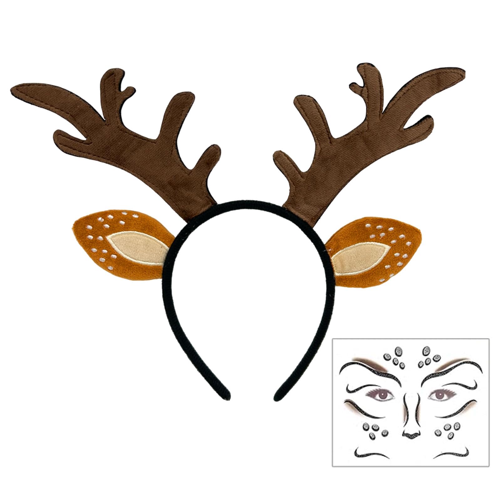 EUPSIIU Reindeer Headband, Headband Deer Antlers Horns Ears, Deer Face Tattoo, Women's Costume, Halloween, Carnival, Christmas, Elves Party for Christmas Favours (Brown)