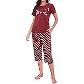 TeJoyce Womens Capri Pajama Sets Summer Cotton Short Sleeve and Capri Pants 2 Piece Loungewear Sleepwear Soft Cat Print Pjs