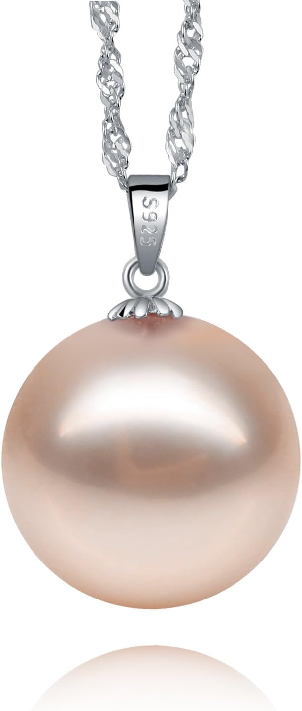 Pearl Pendant Necklace with 925 Sterling Silver 18-Inch Chain, Pink Pearl 14mm-16mm for Women & Girls by Luxury Gift Box