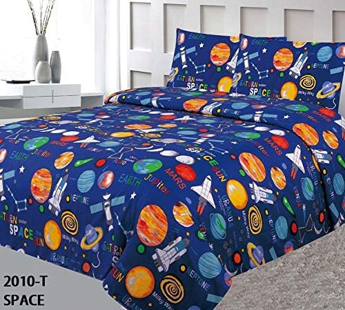 The Liquidator Goods Multicolor Blue Solar System Space Ships & Rockets Universe Galaxy Stars Fun Printed Twin 3 Piece Sheet Set with Pillowcases Flat Fitted Sheet for Boys/Kids (Twin 3 Piece)
