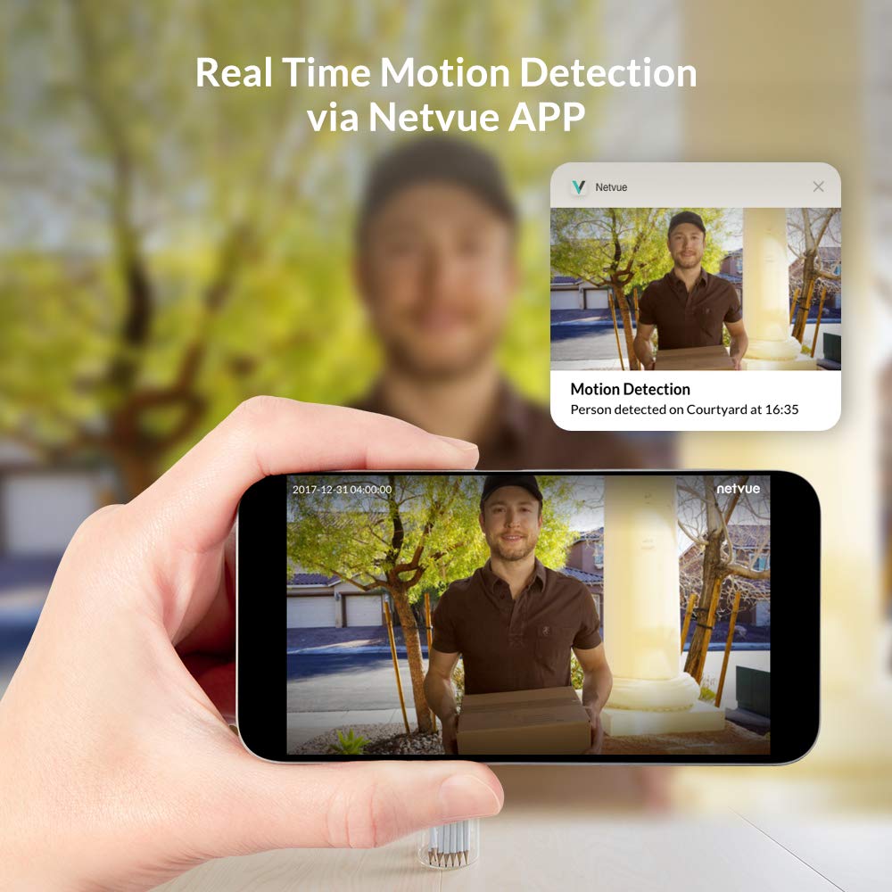 Netvue Telecamera di Sicurezza Esterno 1080P, compatibile con Alexa, impermeabile antipolvere fotocamera statica con visione notturna, telecamera di sorveglianza esterno per connessione LAN & WLAN