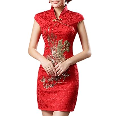XueXian(TM) Damen Sommer Kleid Mini Qipao mit V-Ausschnitt in DREI Farben