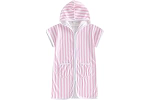 Licupiee Girls Boys Hooded Terry Coverups One Piece Swimsuits Summer Striped Trim Zip Up Short Sleeve Swim Cover Up Beachwear