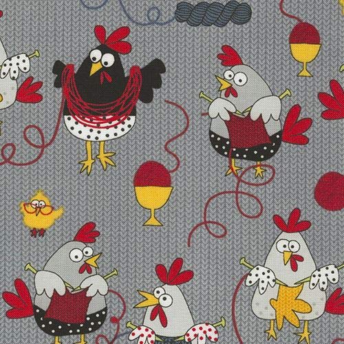 Grey Fabric with Chicken Knitting by Timeless Treasures (per 0.5 Yard Unit)