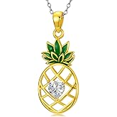 Plesitep Pineapple Necklace for Women 925 Sterling Silver Hollow Pineapple Pendant Necklace with Green Leaf Heart Crystal Jewelry Gifts