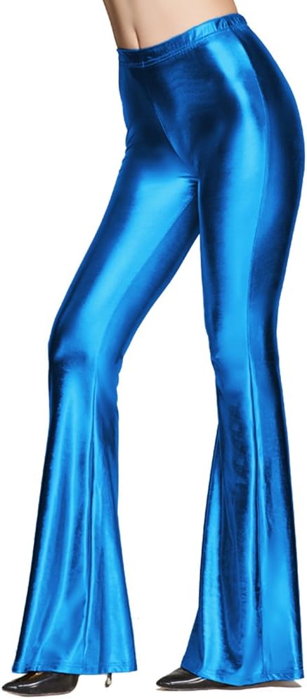 Women Shiny Metallic Flare Leggings Long Wide Leg Pants Slim High Waist Bell Bottoms Vintage 70s Disco Yoga Trousers