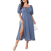 Women's Plus Size Summer Dress Short Sleeve Square Neck Milkmaid Dress Tie Front Split A-Line Maxi Long Dresses