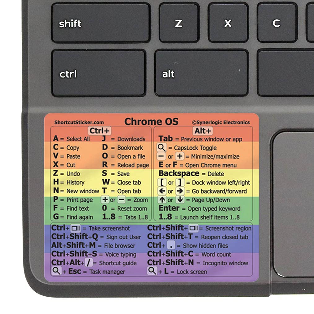 SYNERLOGIC Chrome OS Reference Keyboard Shortcut Sticker - No-Residue Vinyl - Size 76 x 61mm for Any Brand Chromebook Laptop Running Chrome OS (Rainbow)
