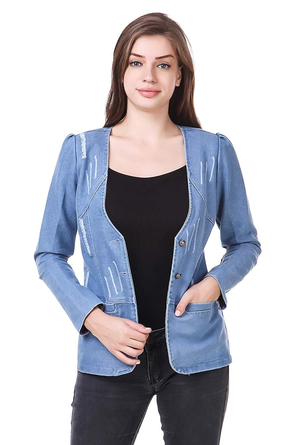 bluebell cloud stylish & trendy single breasted coat light blue denim long blazers for women and girls|full sleeves blazers with button closure|designed for