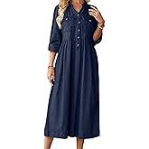 loveimgs Women Casual Button Down High Waist Midi Denim Dress V Neck Pleated Shirt Jean Dress A Line Long Sleeves Pockets