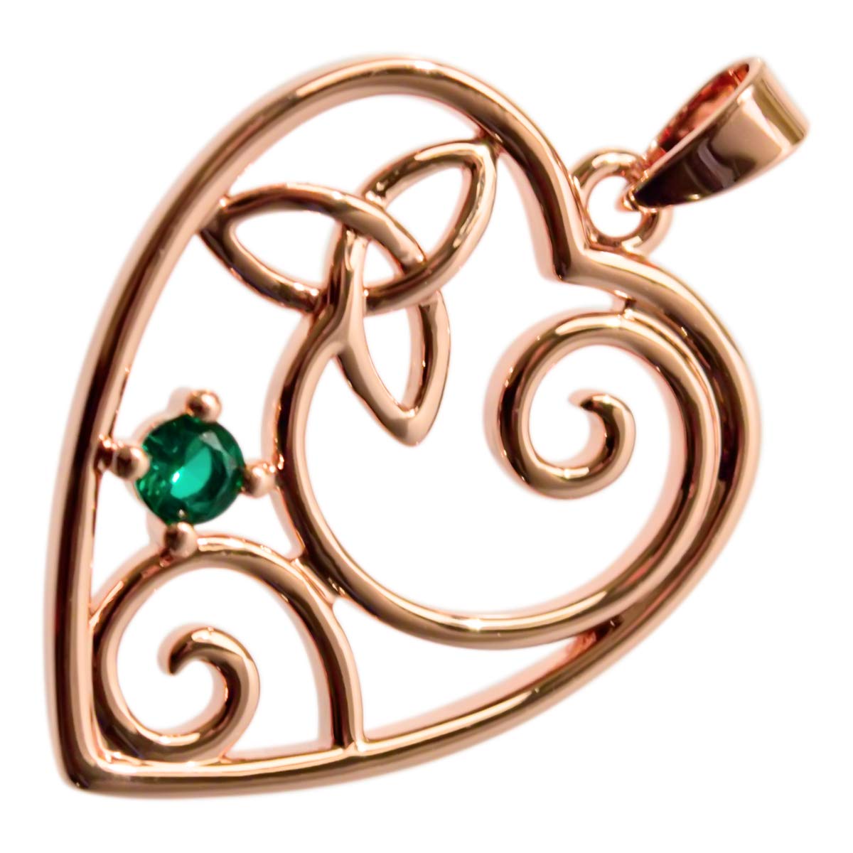 GWG Jewellery 18K Rose Gold Coated Filigree Heart with Celtic Trinity Knot and Round Emerald Green Stone Pendant Necklace in Gift Box for Women