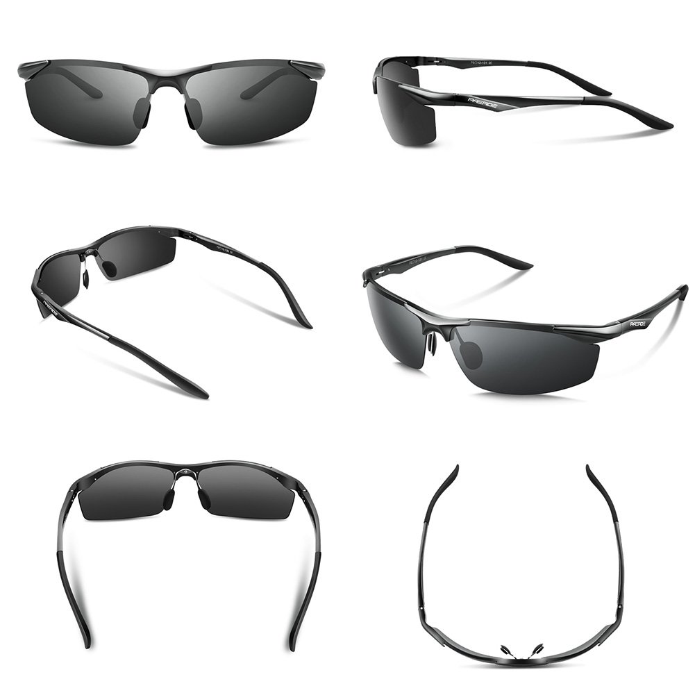 PAERDE Men\'s Sports Style Polarized Sunglasses for Men Driving Fishing Cycling Golf Running Al-Mg Metal Frame Ultra Light Glasses (Black)