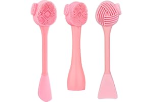 Silicone Facial Cleansing Brush 3 Designs, Beomeen 4 in 1 Handheld Face Scrubber for Deep Gentle Exfoliating, Double-Ended Face Wash Scrub Brush for Face Skincare and Massage (Pink)
