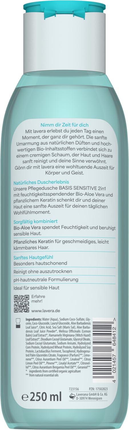 lavera Basis Sensitiv - Pflegedusche 2 in 1 für Haut & Haar - mit Bio Aloe Vera & pflanzlichem Keratin - reinigt ohne auszutrocknen - 250ml 7