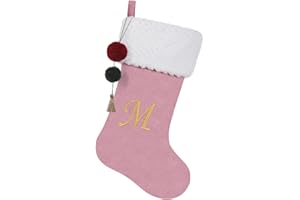 Pxniy 19.5 inches Personalized Velvet Christmas Stocking,Initials Embroidered Letter Christmas Stocking with pom poms, for Fireplace Hanging Decor and Xmas Gift(Pink M)