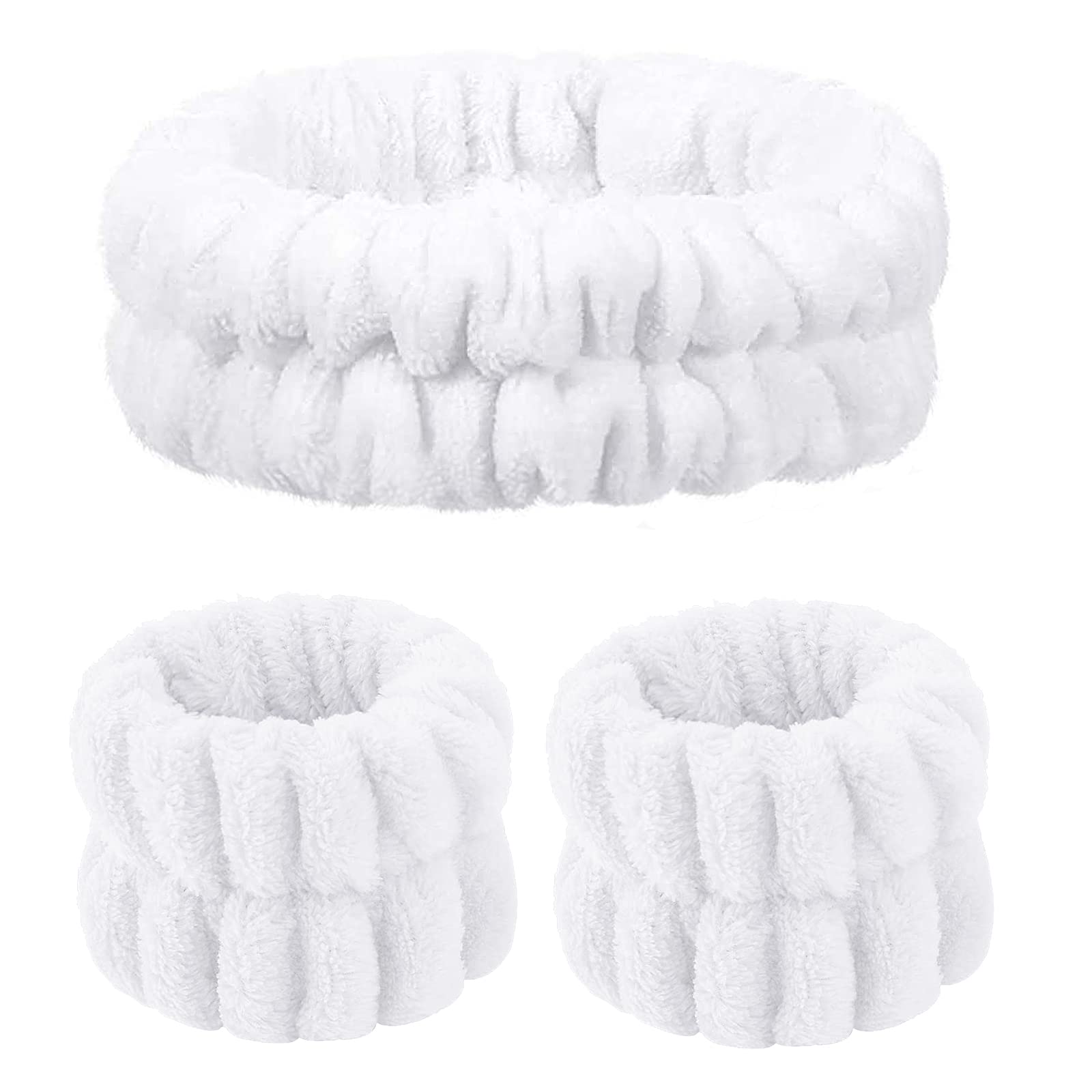 3 Pcs White Spa Headband Wrist Washband Set Soft Makeup Headbands Elastic Skincare Headband Yoga Sports Shower Facial Fluffy wrist washband Makeup Hair Band for Girls Women
