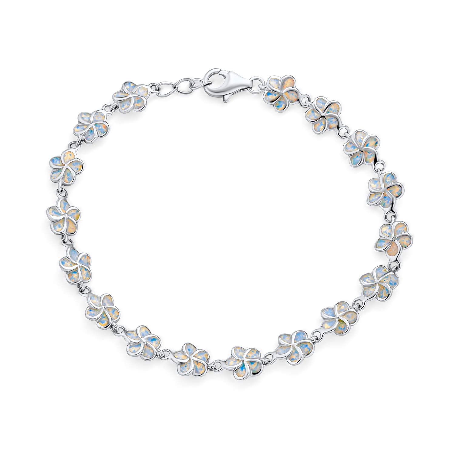 Bling Jewelry Tropical Vacation White Created Opal Link Plumeria Hawaiian Flower Bracelet For Women Girlfriend .925 Silver October Birthstone โ image 1