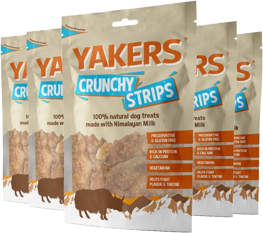 YAKERS Natural Dog Treats, Crunchy Strips, 70g (Pack of 5) - Healthy and Extra-Long-Lasting Dog Treats & Chews for Puppies and Adult Dogs, Ideal for Strong Teeth, Training & Rewards