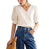 EVAZOU Women's White Boho Lace Embroidered Blouse, V-Neck Puff Short Sleeve Pearl Button Summer Cotton Cute Top