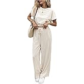 WDIRARA Women's 2 Piece Outfits Short Dolman Sleeve Crop Tee Drawstring Waist Pants Set