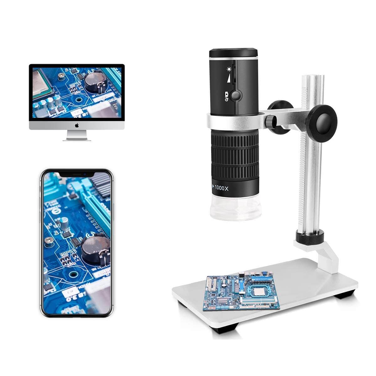 Jiusion WiFi USB Digital Microscope 50 to 1000X Wireless Magnification Endoscope 8 LED Mini HD Camera with Updated Stand Portable Case, Compatible with iOS Android Mac Windows