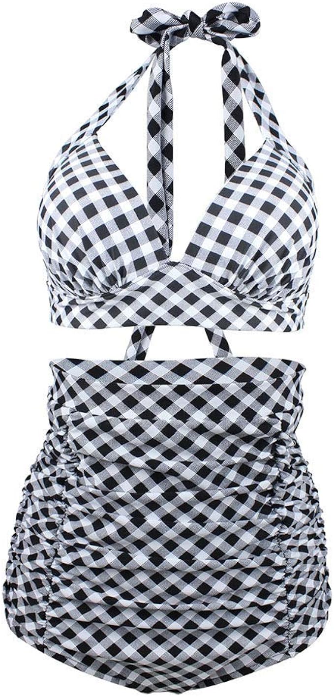 YOUZHILAN DamenBikiniSet, 2 Stück, kariert, gepunktet, hohe Taille