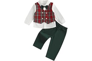 KACUBWYY Toddler Boy Suit Christmas Gentleman Outfit Bow Tie Plaid Vest Button Down Shirt Elastic Pants Xmas Formal Outfits