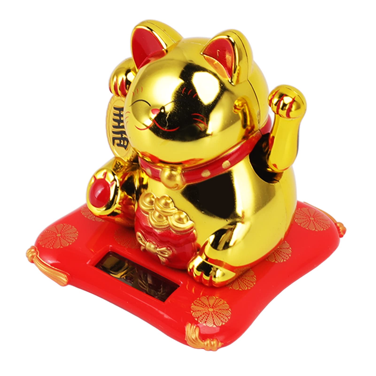 ciciglow Solar Energy Lucky Cat Ornament, Cute Happy Lucky Cat Light Energy Sensing Solar Waving Cat Wealth Welcoming Fortune Cat Statue Ornament for Home Car Decor (Blessing Bag Gold)