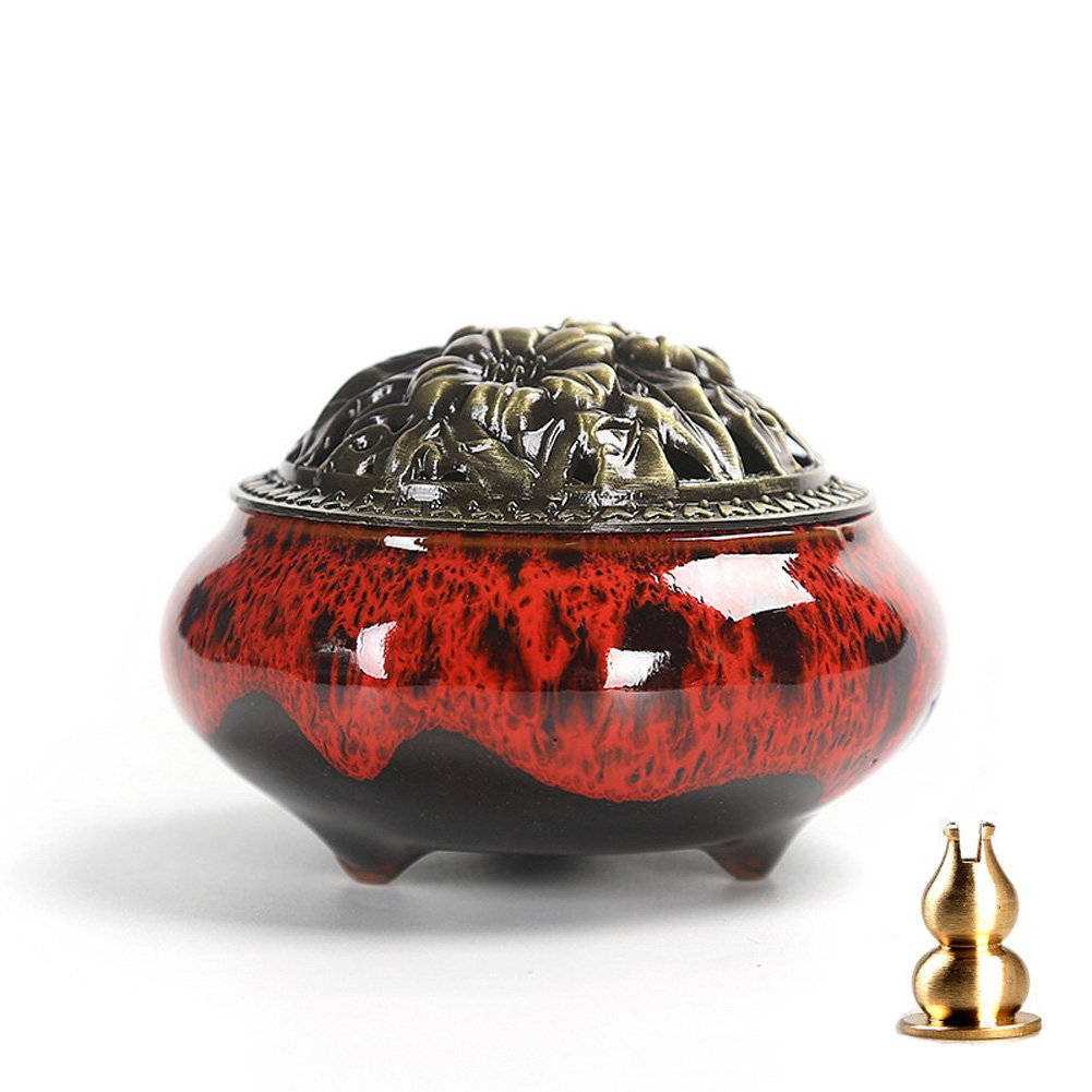 Guwheat Porcelain Incense Holder Burner (Stick/Cone/Coil Incense) Ceramic Ash Catcher Tray Bowl with Brass Calabash Incense Stick Holder (Red Fambe)