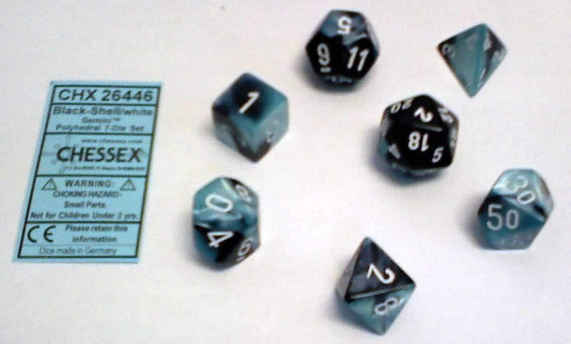 Polyhedral 7-Die Gemini Dice Set - Black & Shell with White (d4, d6, d8, d10, d12, d20 & d00)