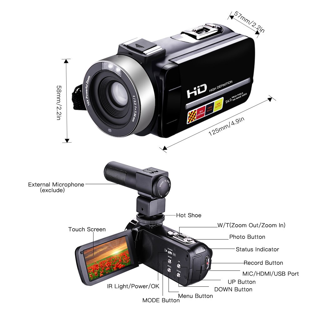 COMI Camcorder With MIC Night Vision Camera Full HD 24.0MP 1080p Webcam 3” Touchscreen Digital Video Recorder External Microphone (HDV-M61-FBA)