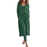 Eurivicy Womens Lounge Set Waffle Knit 3 Piece Pajama Sets Tank Tops Loose Pants with Long Cardigan Loungewear 2025 Dark Green